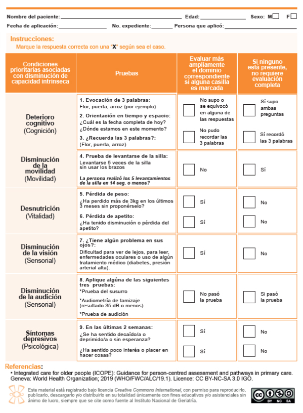 Identificación de las personas mayores en riesgo e ICOPE, versión del Instituto Nacional de Geriatría.
