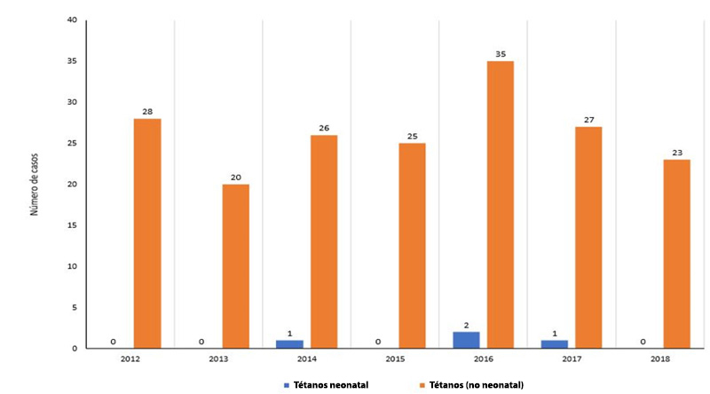 Registro de casos de tétanos neonatal y de tétanos en otras edades en México, 2012–2018.